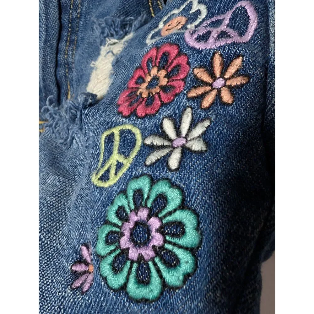 Justice Girls 10 Embroidered Distressed Denim Shorts Blue Cuffed Stretch Floral